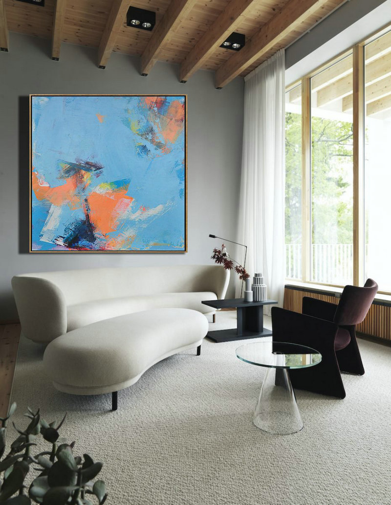 Large Abstract Art,Palette Knife Contemporary Art Canvas Painting,Oversized Wall Decor,Sky Blue,Orange,Yellow,White.etc